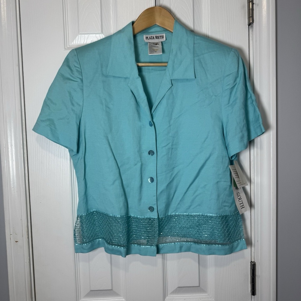 VTG Plaza South Sz 10 Blue Beaded Top Embroidered‎ Buttons SS Linen NWT